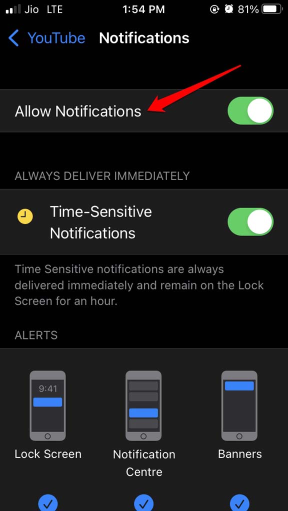 allow notifications for YouTube
