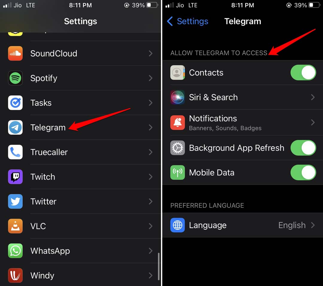 allow permission for telegram app