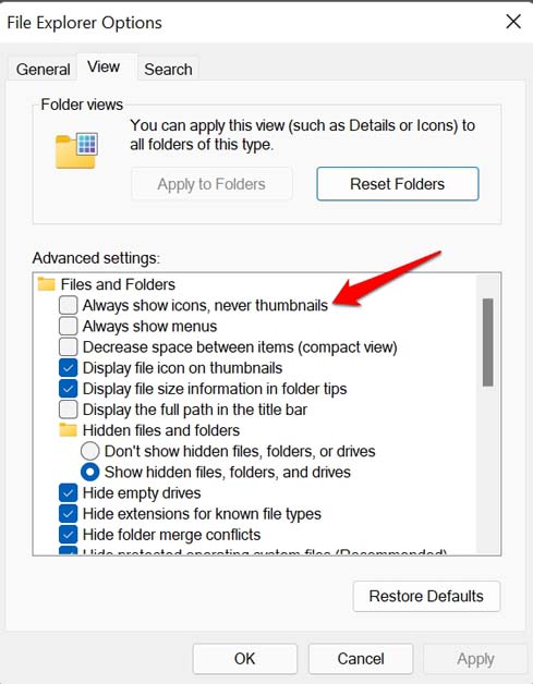 always show icons never thumbnails