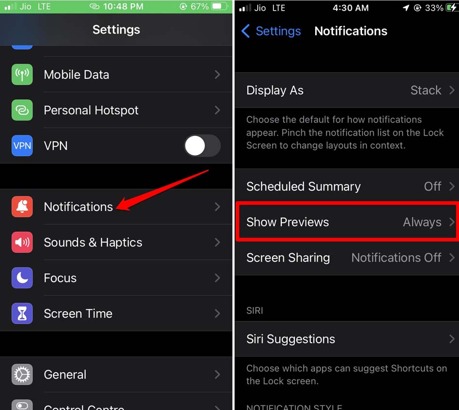 always show notification preview enabled