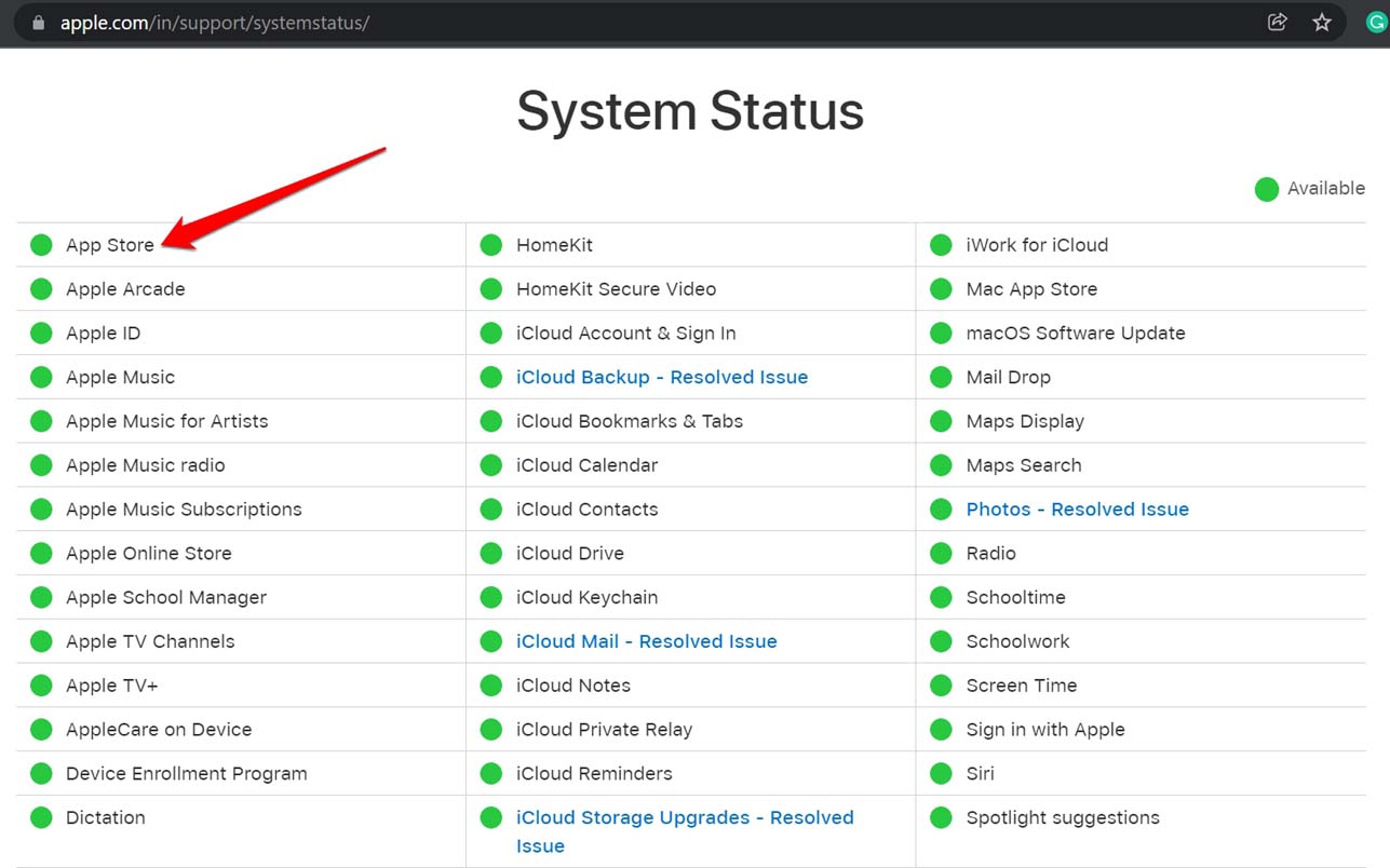 app store apple system status check