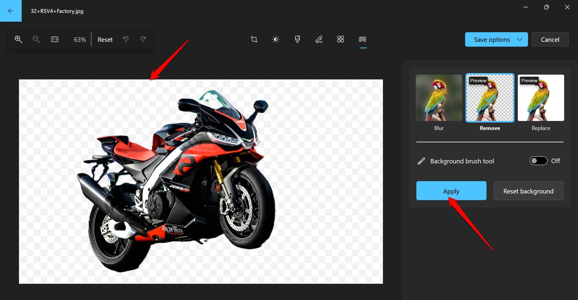 How to Make Background Transparent in Windows Photos App 6 apply the changes to the image background removal