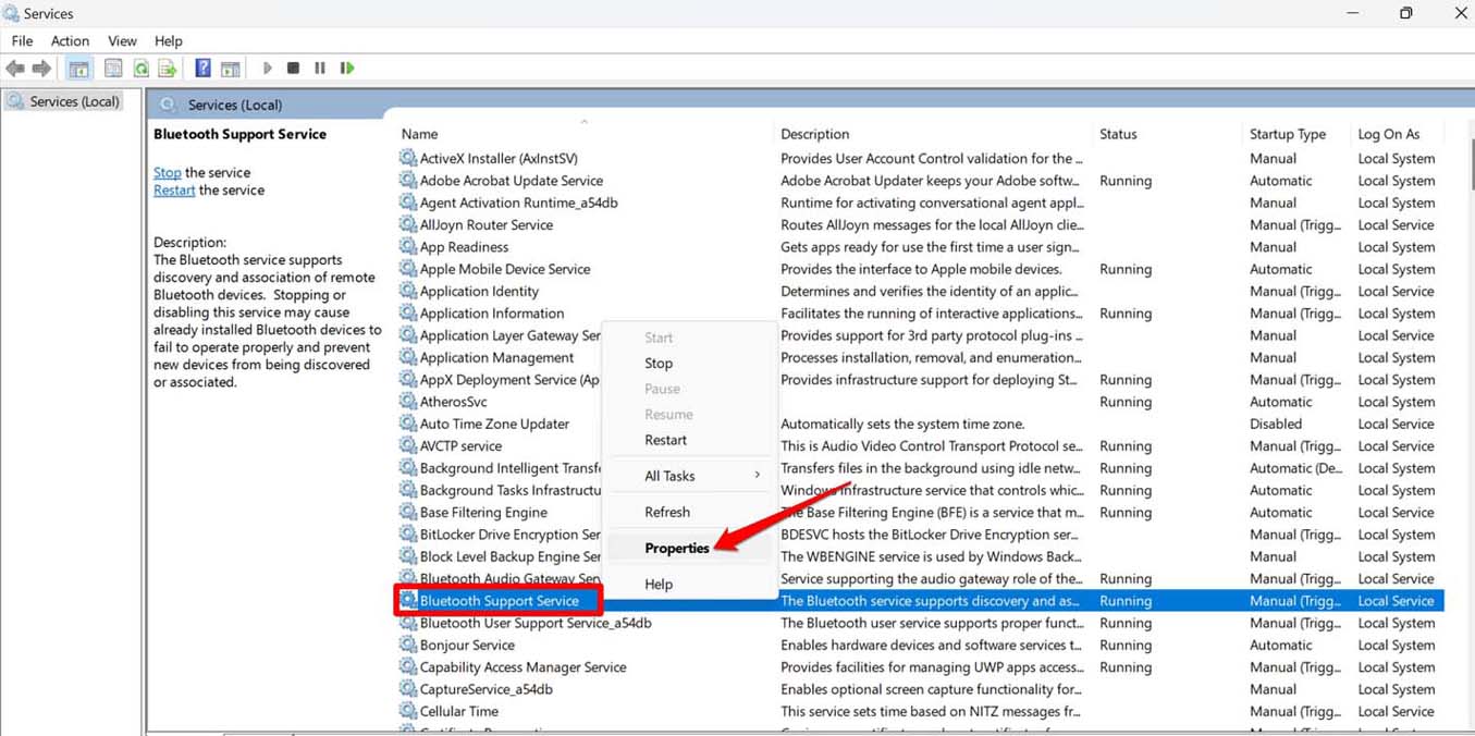 bluetooth support service properties