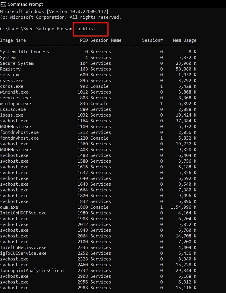 bring up list of running task via cmd in windows 11