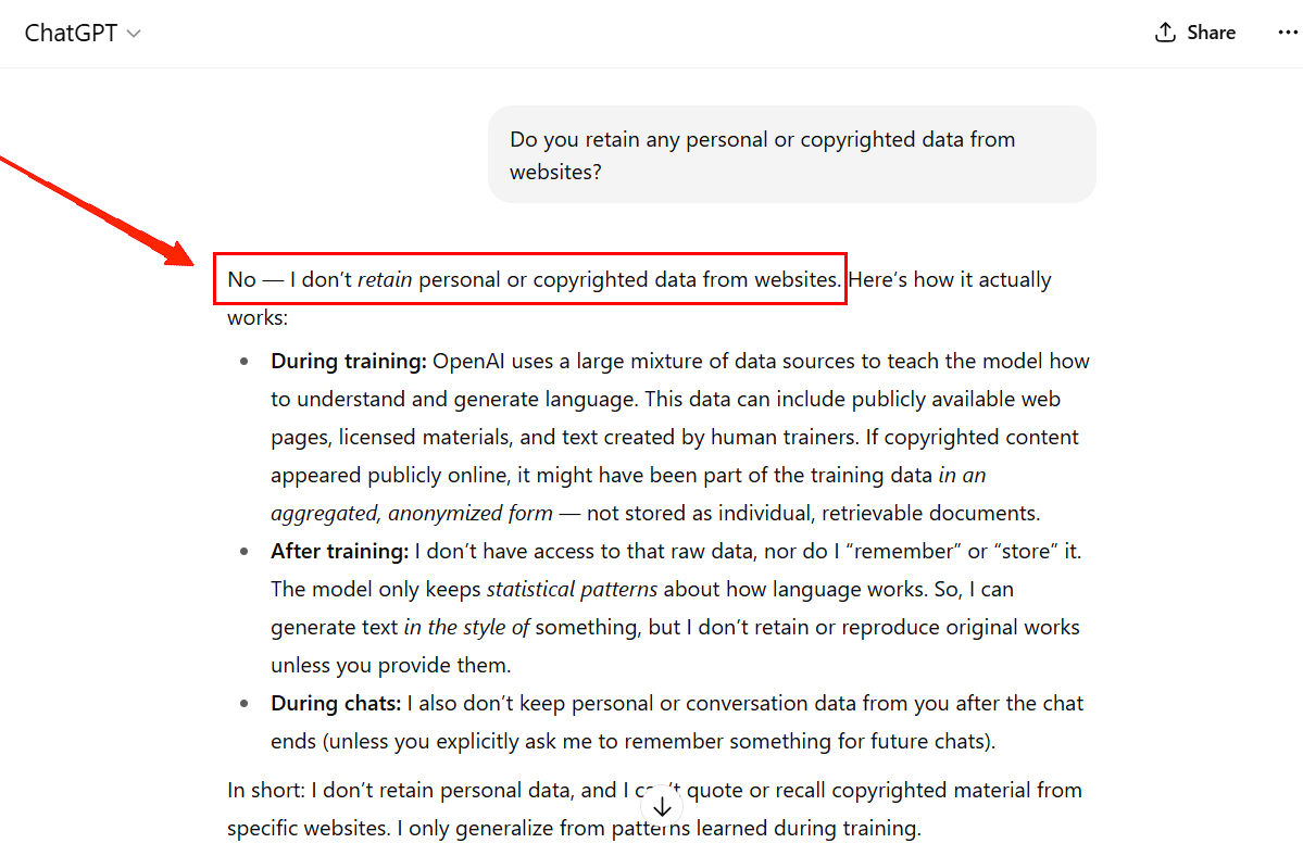 Are AI chatbots scraping content? It looks so! 6 Do you retain any personal or copyrighted data from websites