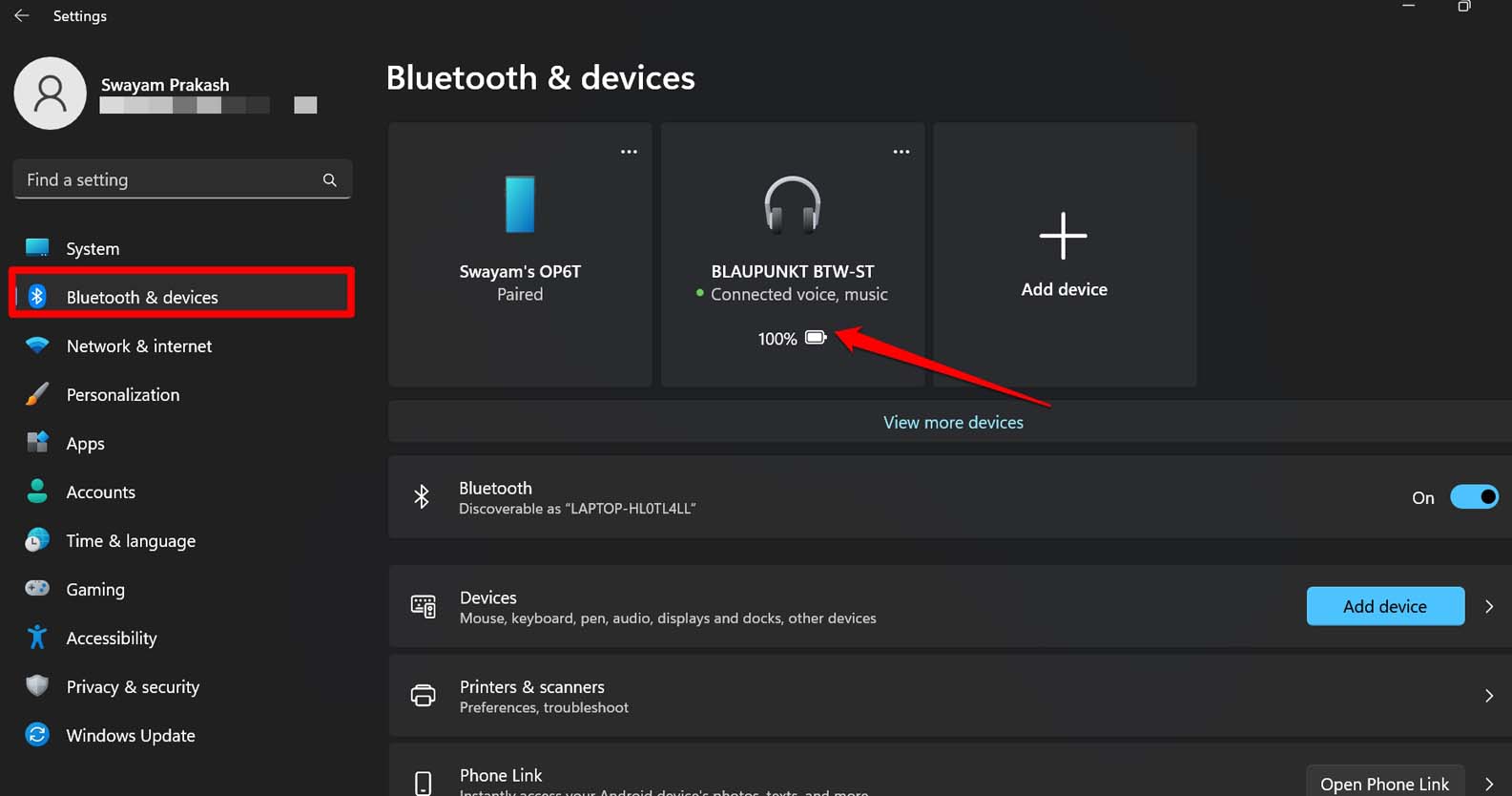 check Bluetooth headphone battery percentage