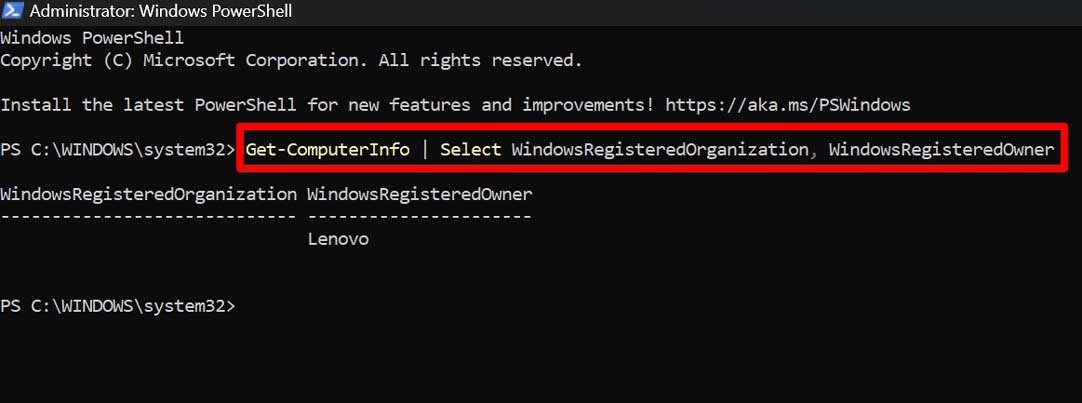 How to Check or Change Registered Owner and Organization Name in Windows 11? 5 check registered organization in Windows 11 using PowerShell