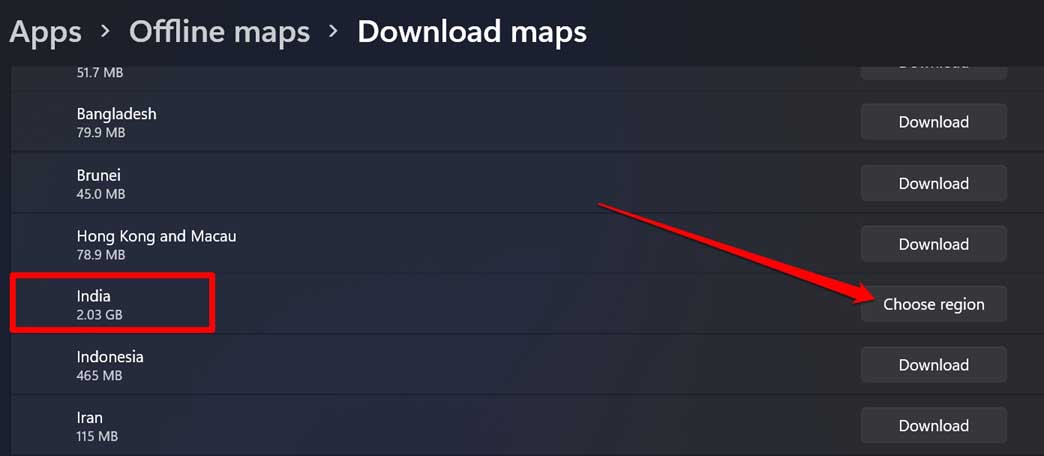 How to Use Offline Maps on Windows 11? 5 choose region to download maps