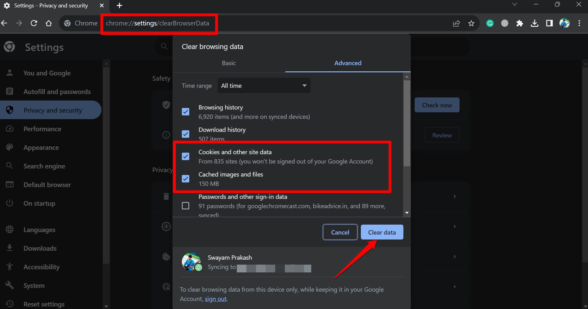clear browsing data on Chrome