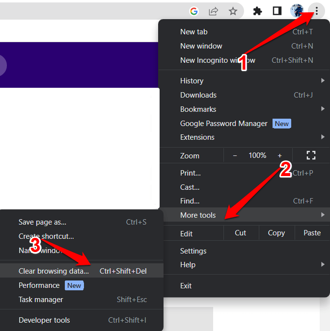 How to Fix Google Chat Not Working on Chrome? 2 Three dots> More tools>Clear browsing data.
