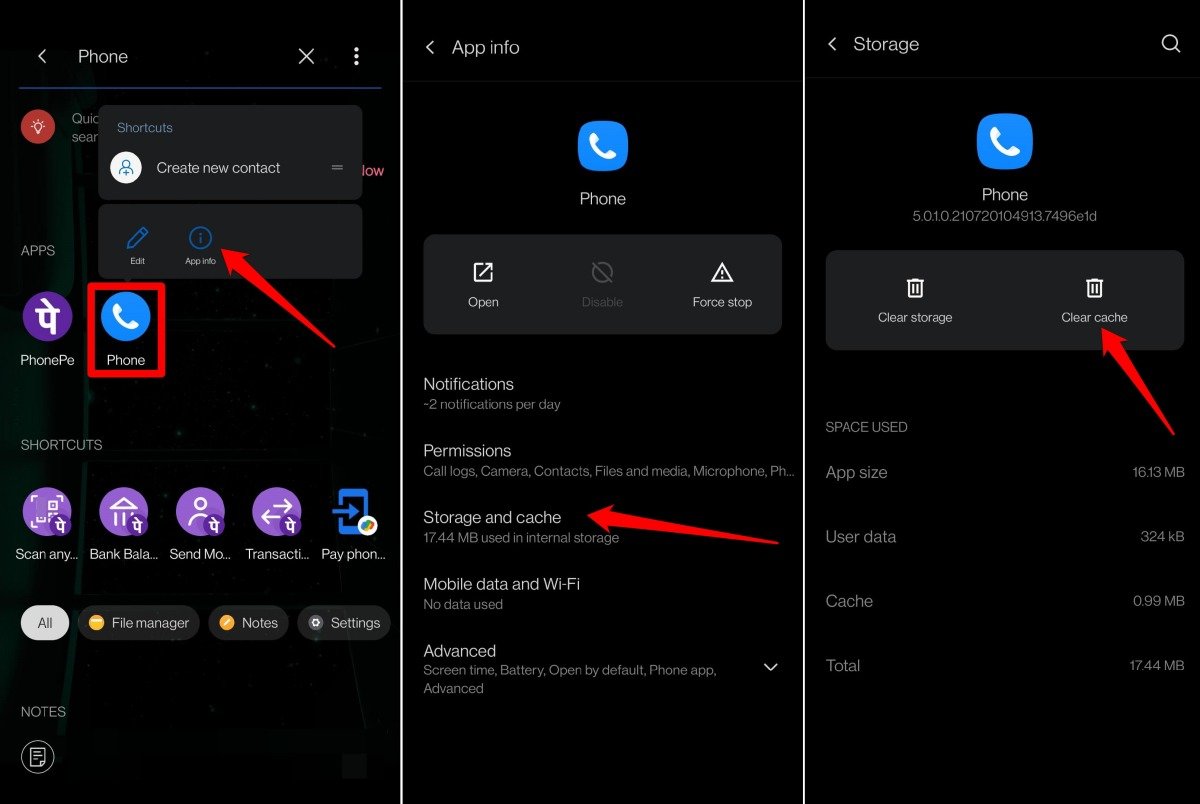 clear cache of the Phone app