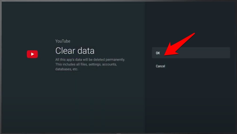 clear data confirm youtube app android tv