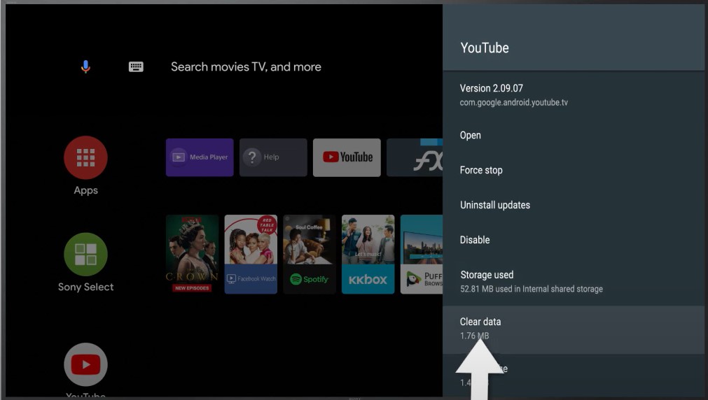 clear data youtube app on android tv