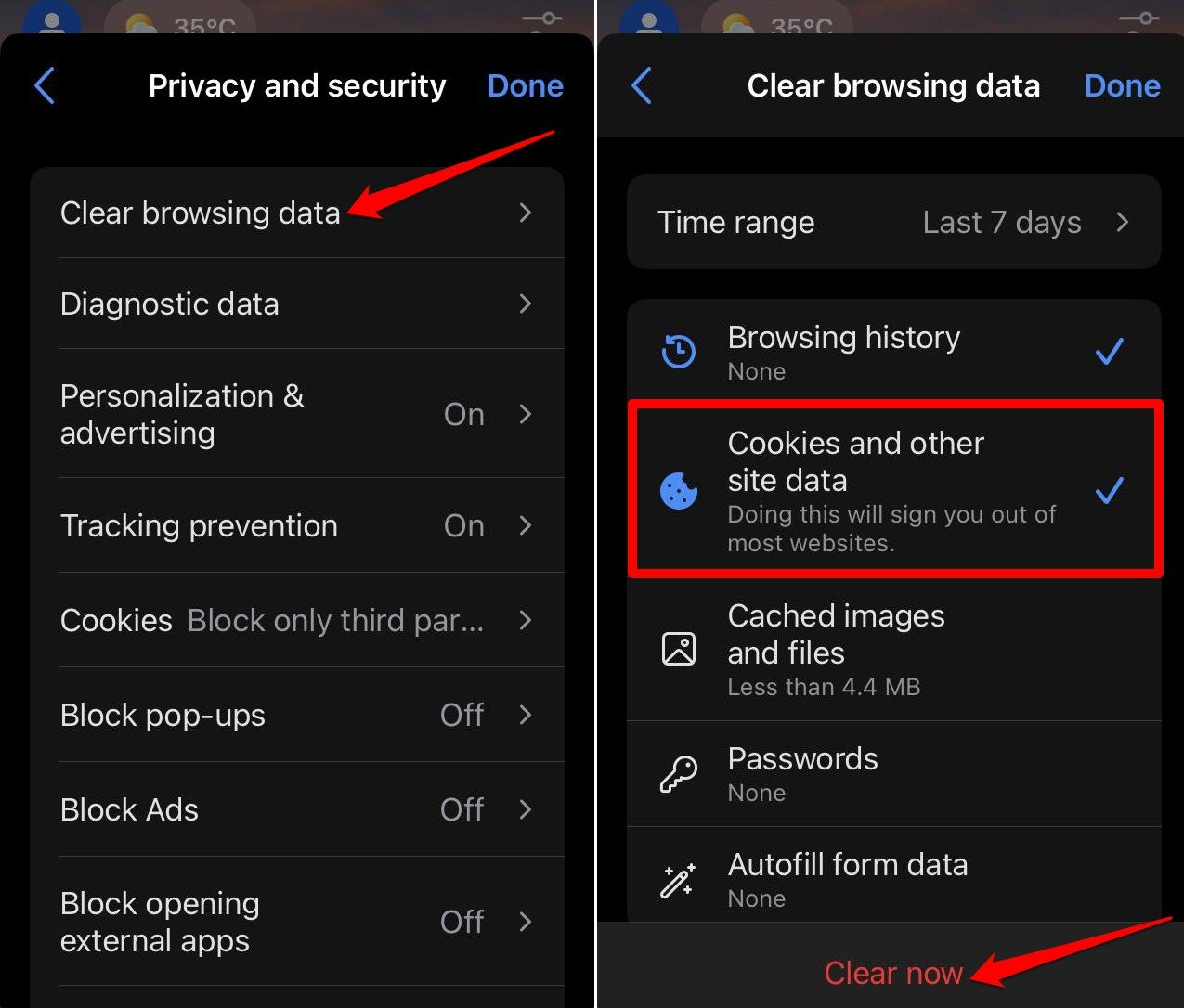 clear edge iOS browsing data
