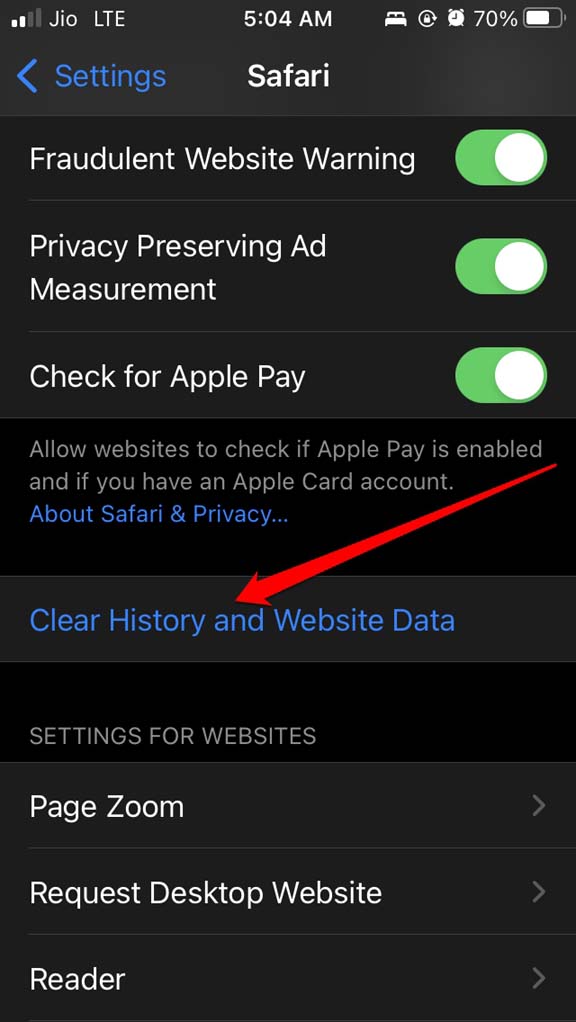 clear website data on Safari