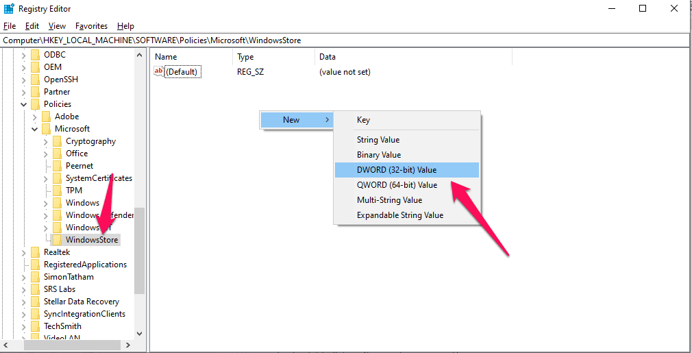 How to Fix Microsoft App Store Error 0x800704EC in Windows 10? 26 click New -> DWORD (32-bit) value and give it the name RemoveWindowsStore