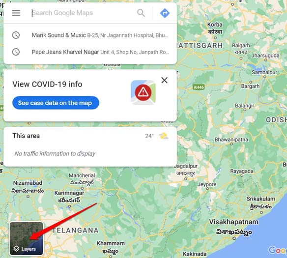 How to Check Air Quality Index and Wildfires on Google Maps? 8 click on Layers Google Map web