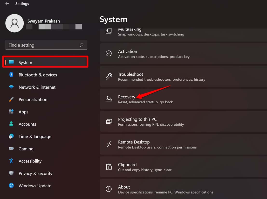 click on Recovery under System