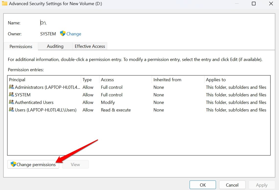 click on change permissions for external hard drive