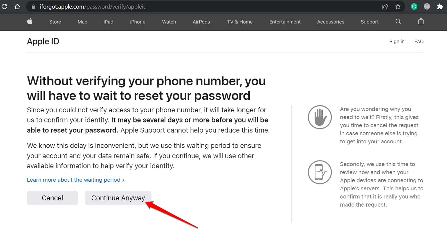 How to Recover Apple ID Password without Phone Number? 6 click on continue anyway
