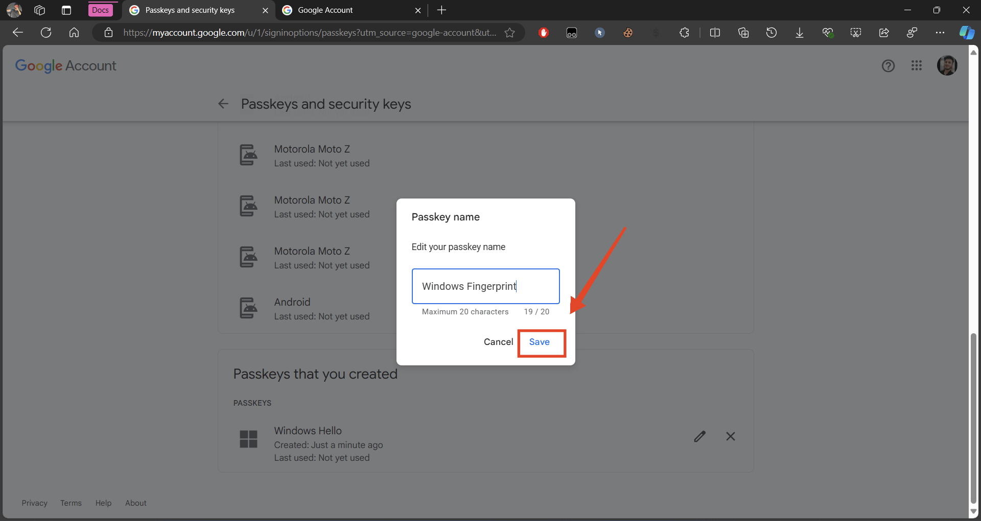 Passkeys on Windows 11: Create, Manage, Use and Delete 13 click on save to rename your passkey