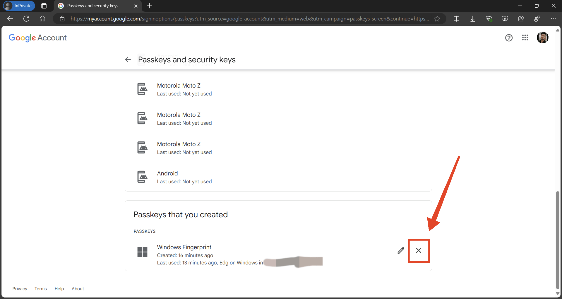 Passkeys on Windows 11: Create, Manage, Use and Delete 15 click on the X to delete your passkey
