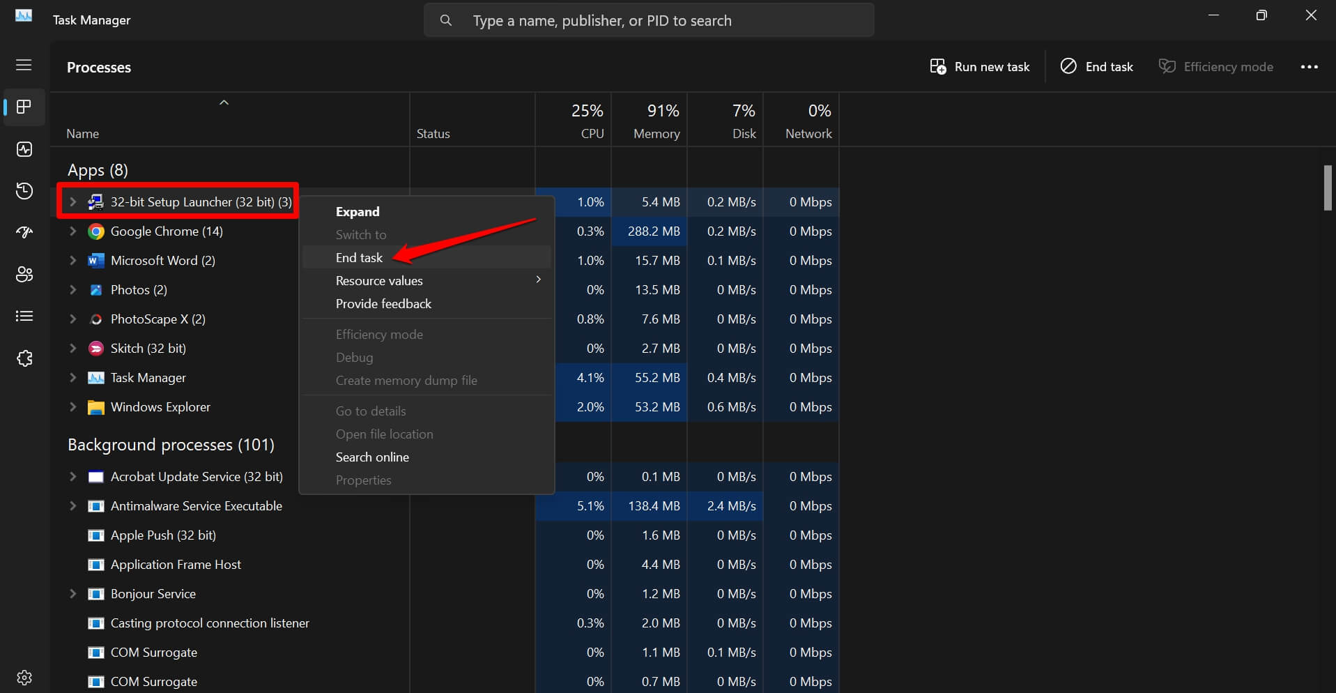 close the installer application on Task Manager