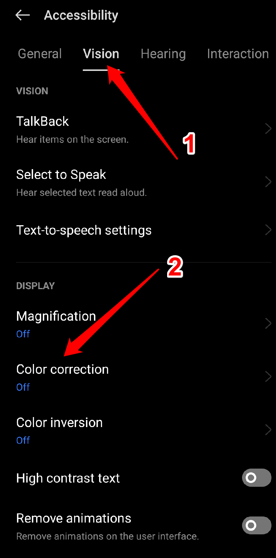 How to Enable Grayscale Mode on Android and iOS? 4 Slide left on Vision and tap on Colour Correction.