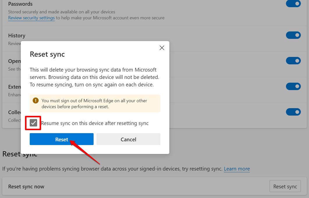 How to Fix Microsoft Edge Not Syncing? 16 confirm reset sync on Edge