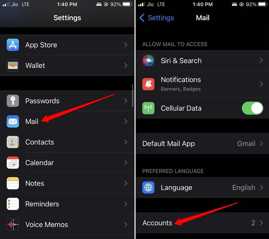 connected accounts in Mail app