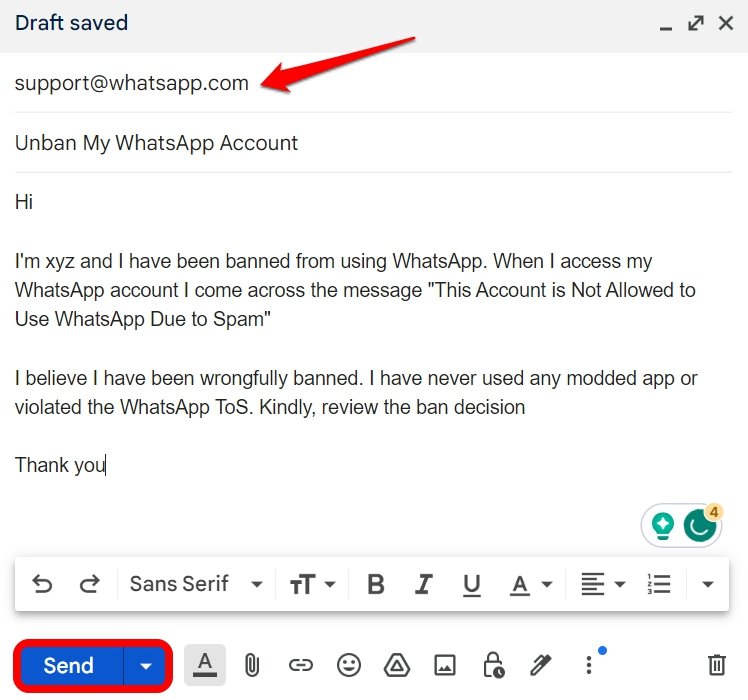 contact whatsApp support to lift ban