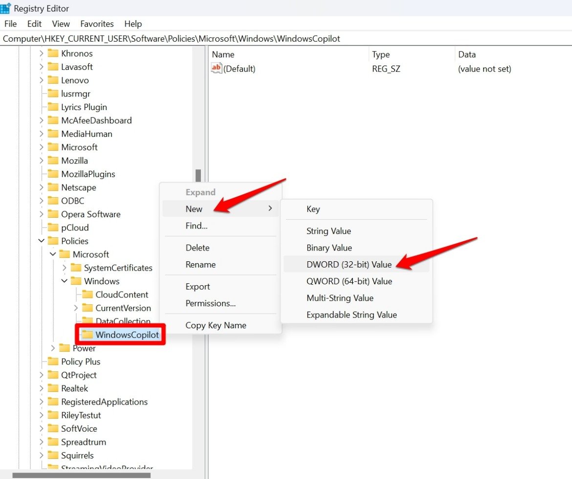 How to Turn Off Copilot on Windows 11 8 create a dword value in Windows Copilot registry