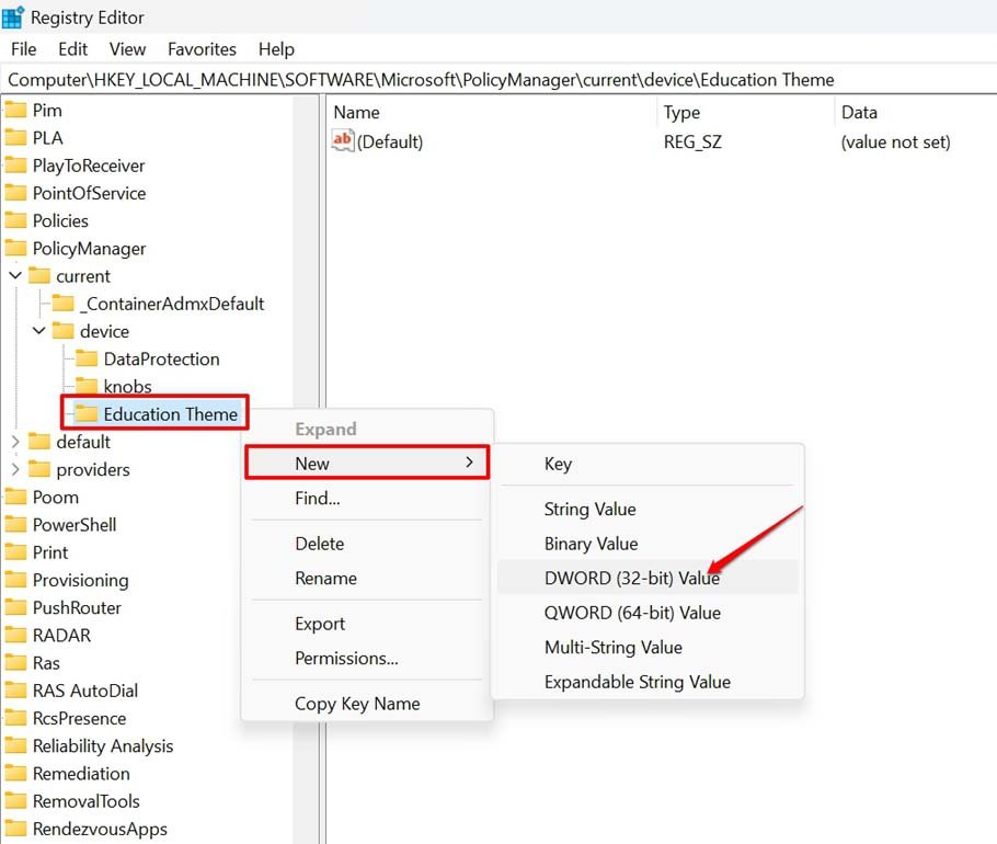 How to Enable Windows 11 Education Themes? 7 create dword value for Education theme