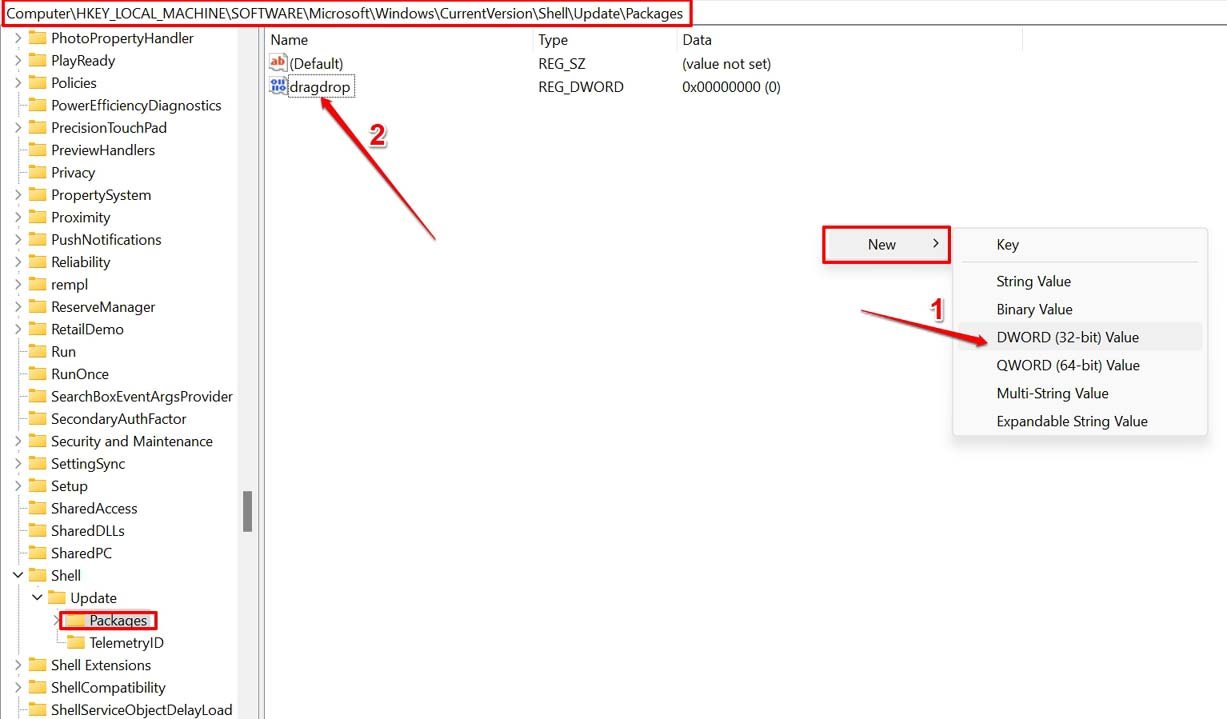 3 Best Ways to Enable Drag and Drop on Windows 11 8 create new dword 32 bit value under Packages