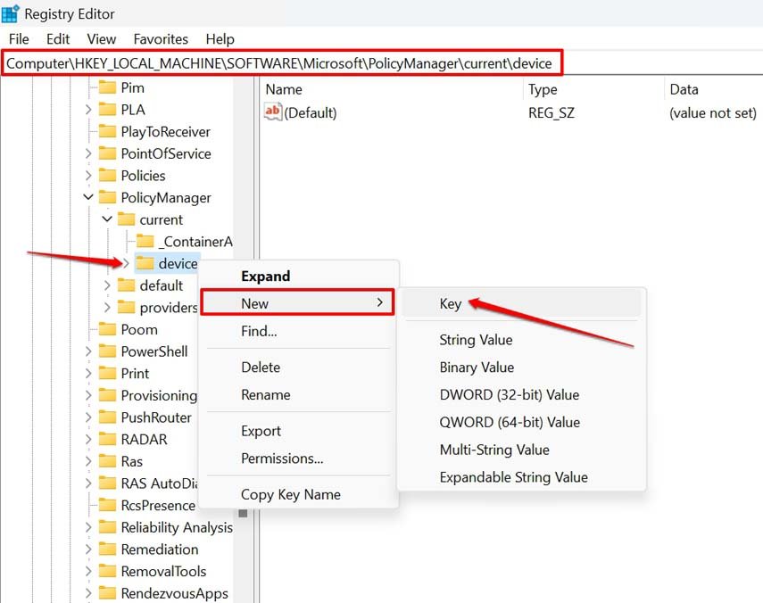 How to Enable Windows 11 Education Themes? 6 create new key under Device folder