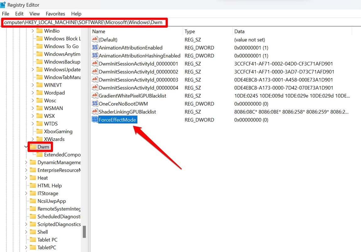 How to Make Windows 11 Taskbar Transparent? 8 create the ForceEffectMode DWORD value