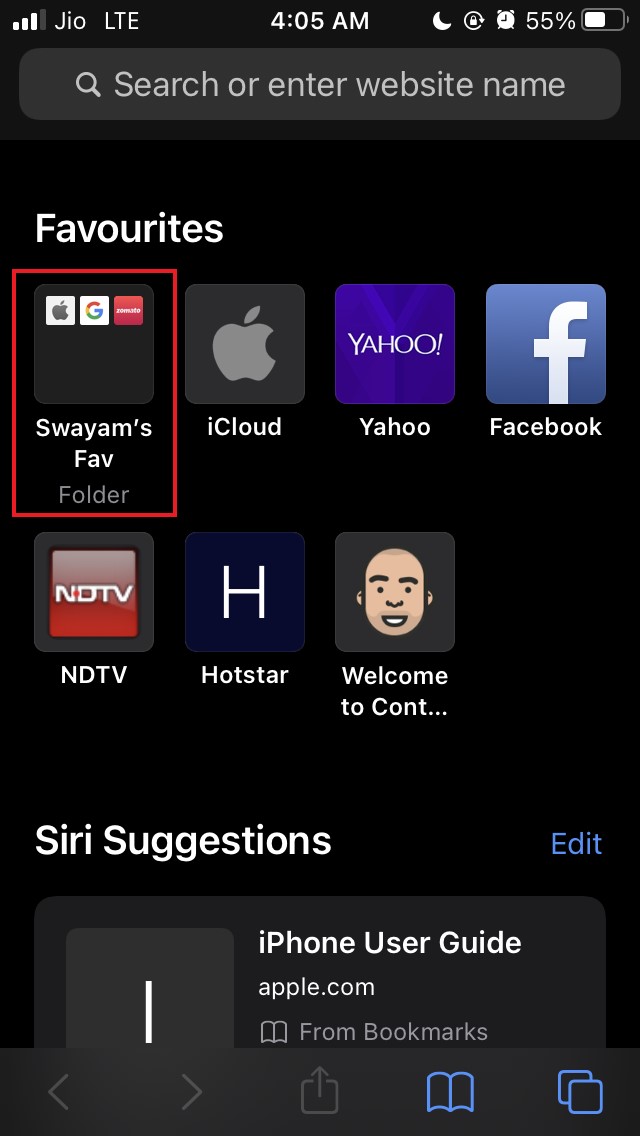 custom favorites folder Safari