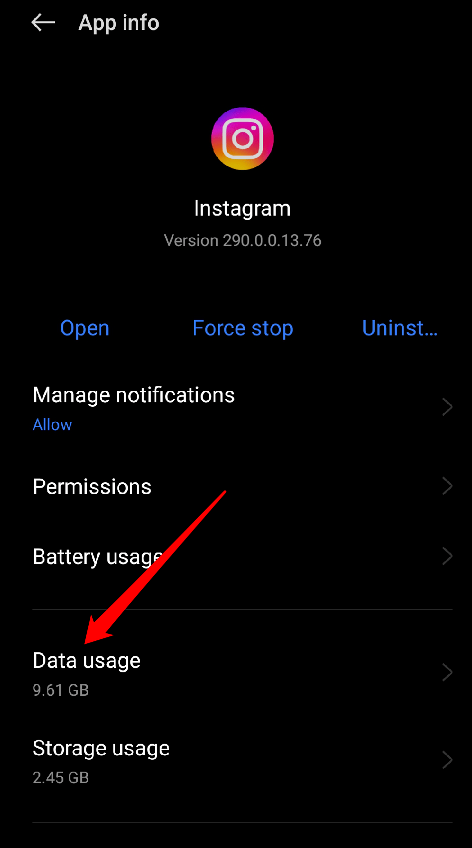 Now, tap on "Data usage" from the menu.