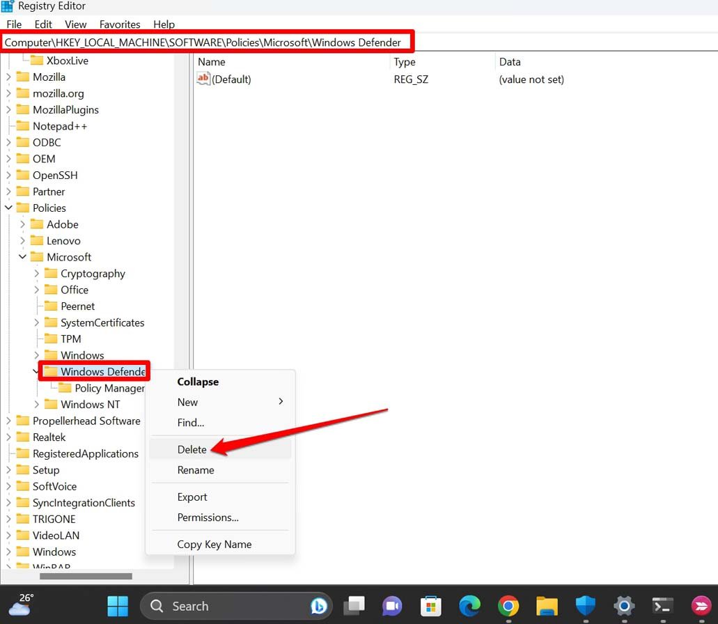How to Fix 'This Setting Is Managed by Your Administrator' Error on Windows 11? 16 delete Windows Defender key from Windows registry