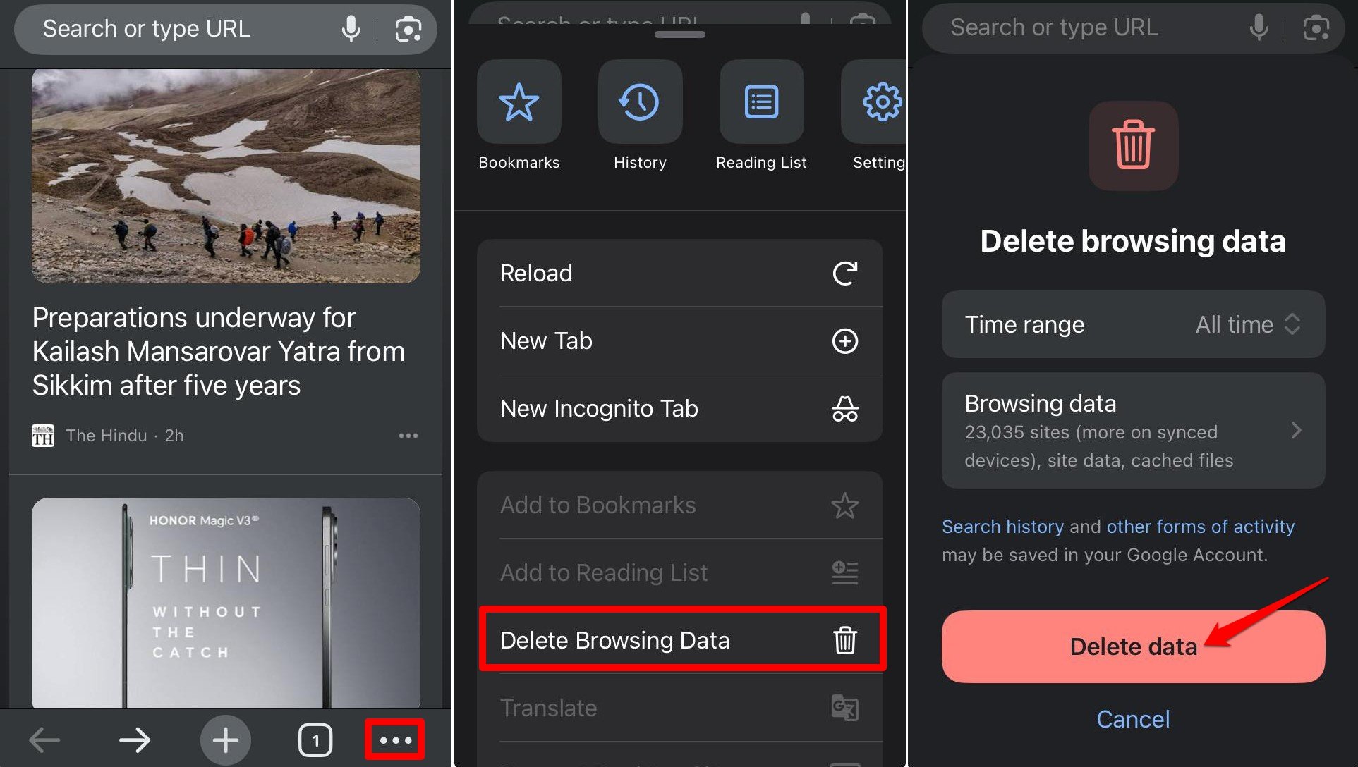 delete browsing data on Chrome iOS