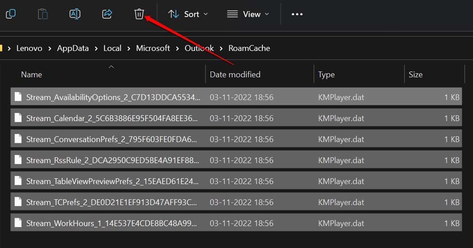 delete cache of Outlook
