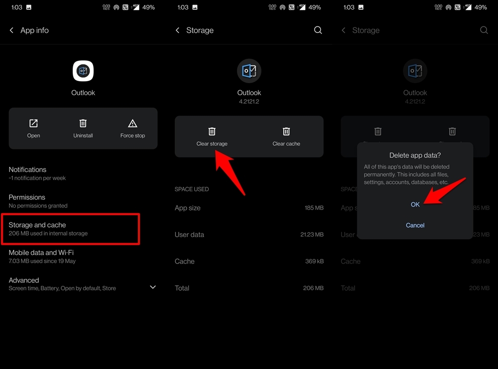 delete outlook app data on android