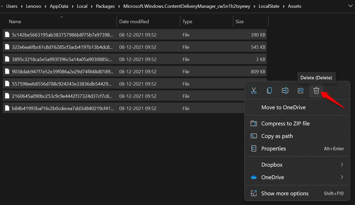 delete the contents of Assets folder