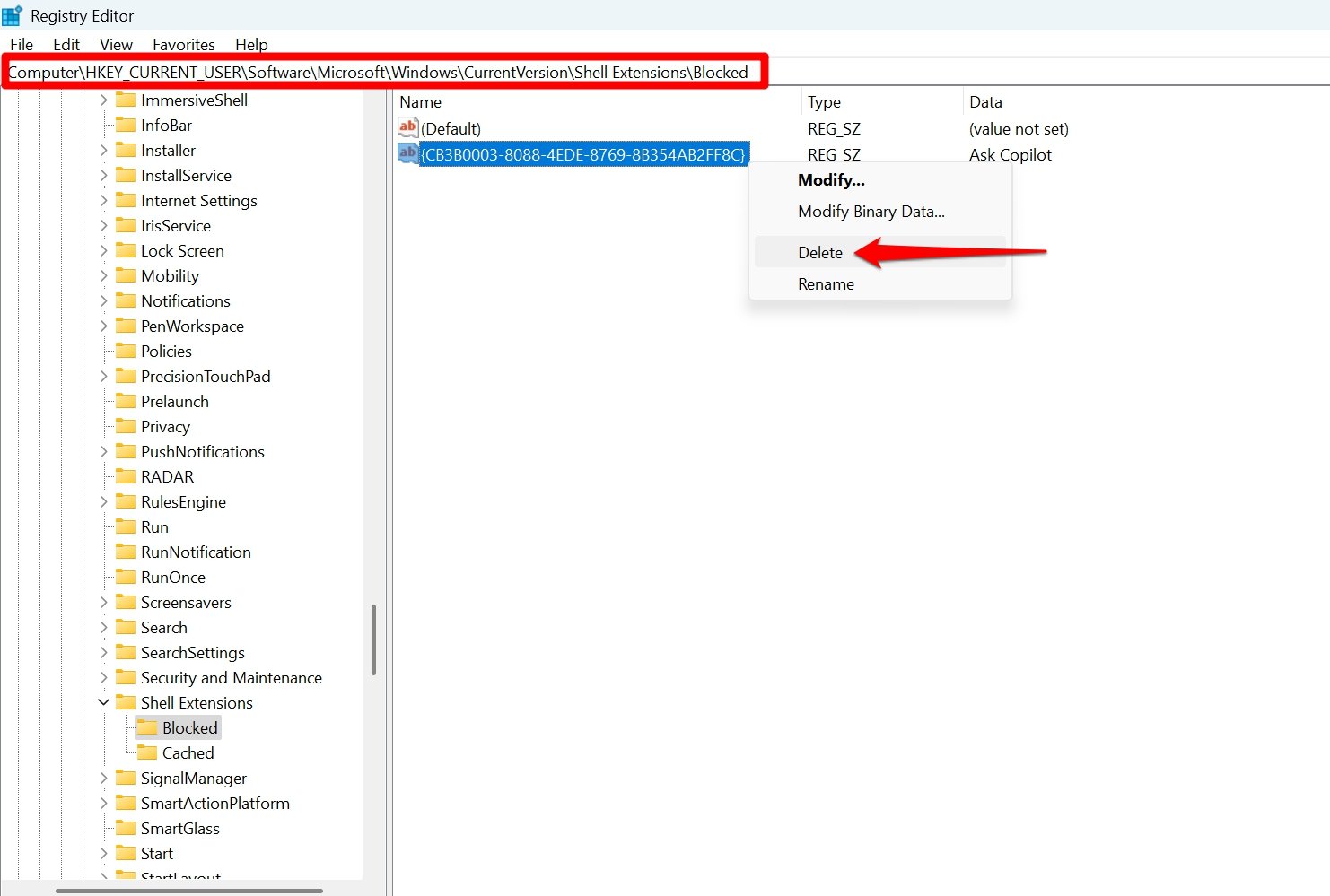 Disable Ask Copilot in File Explorer Context Menu on Windows 11 13 delete the registry entry to enable ask copilot in File Explorer