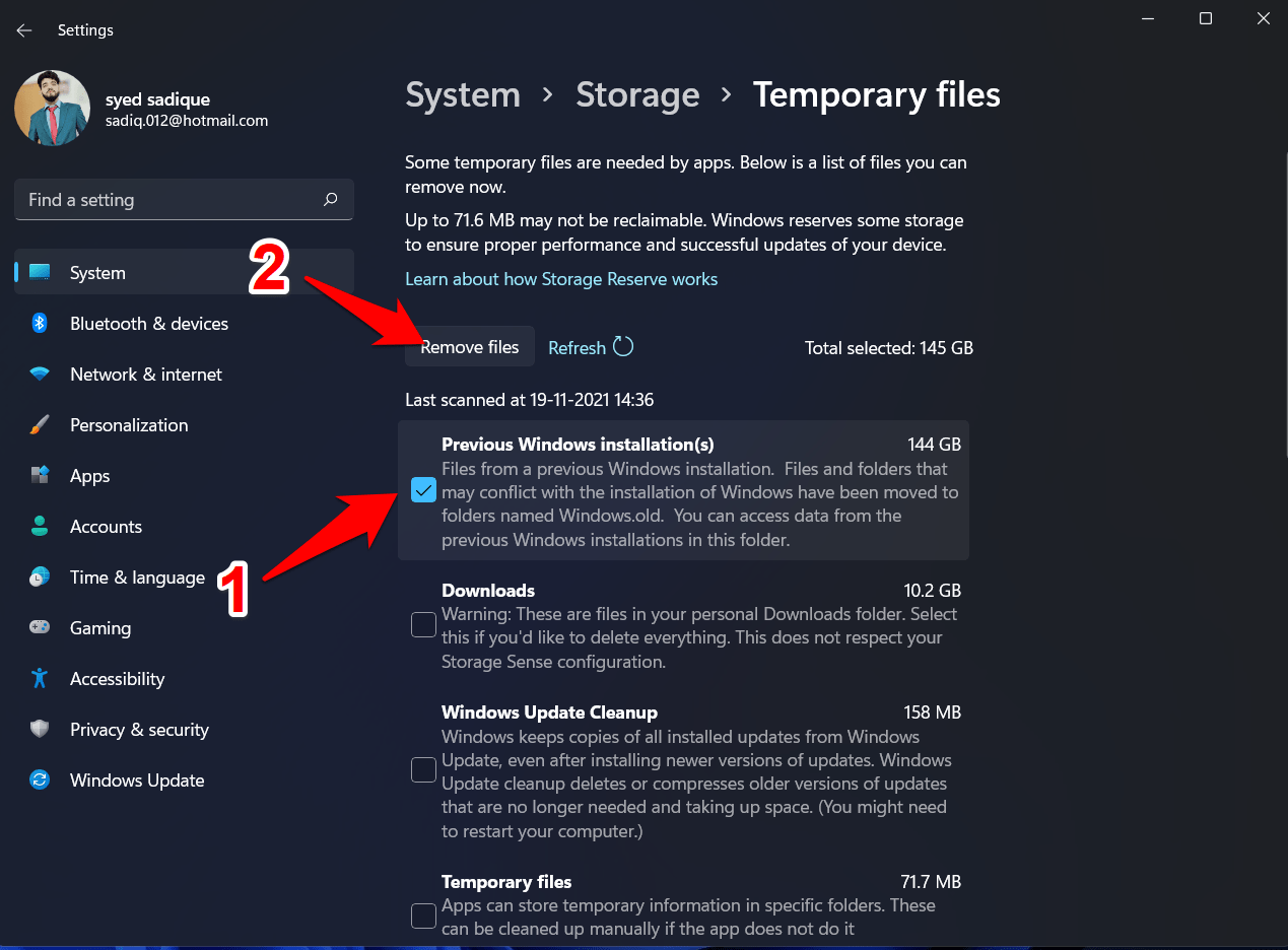 delete the windows.old folder in windows 11 via temporary files settings