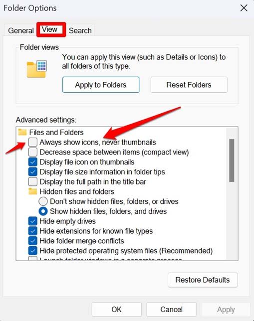 disable always show icon never thumbnails