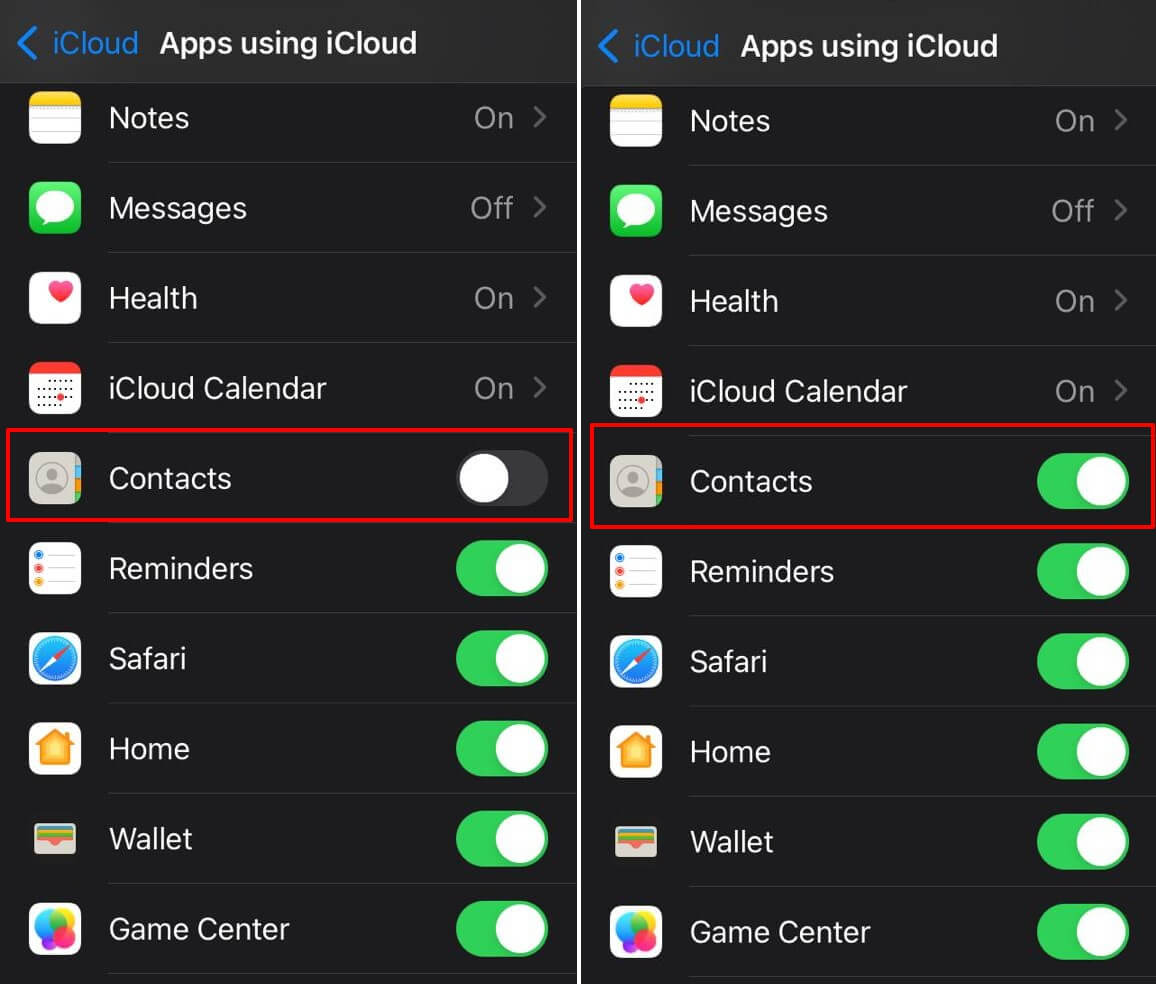 How to Fix iPhone Not Saving Contacts 7 disable and enable iCloud Contacts sync