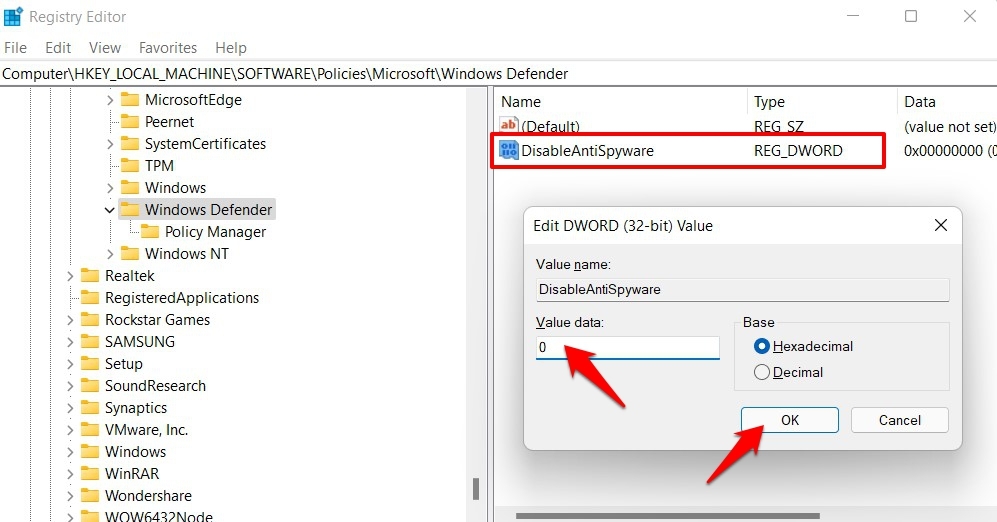 How to Fix Windows 11 Defender Security Not Working? 12 disable anti spyware registry