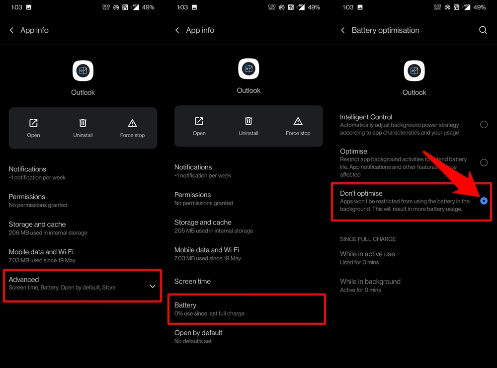disable battery optimization for outlook app on android