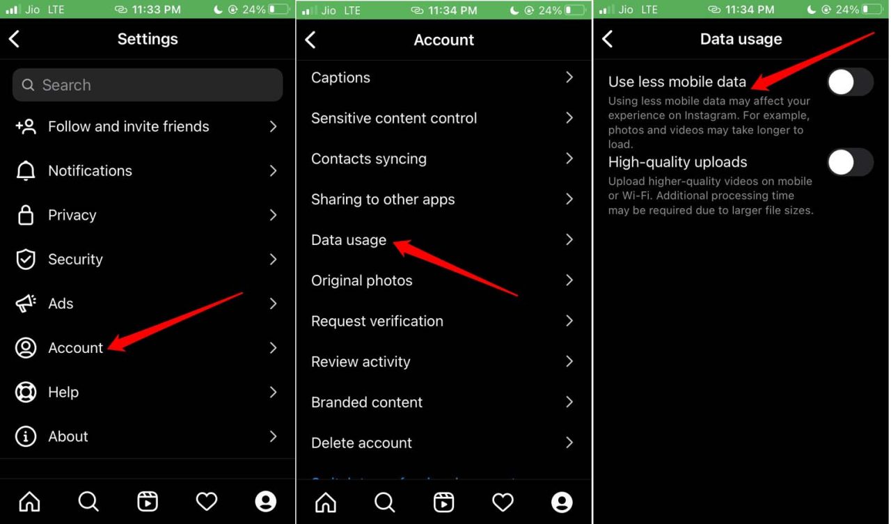 disable data saver on Instagram